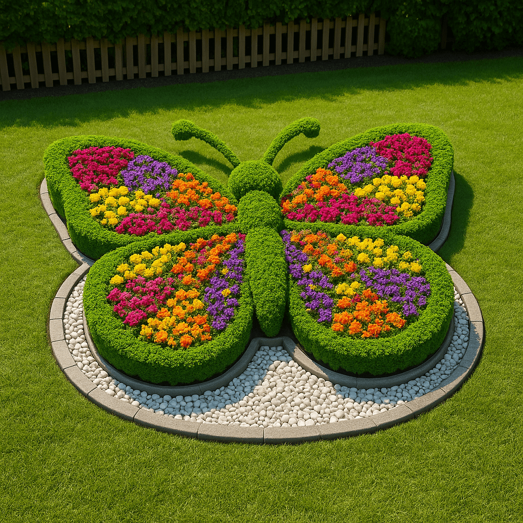 Butterfly-shaped garden bed with pink, orange, purple, and yellow flowers on green hedging