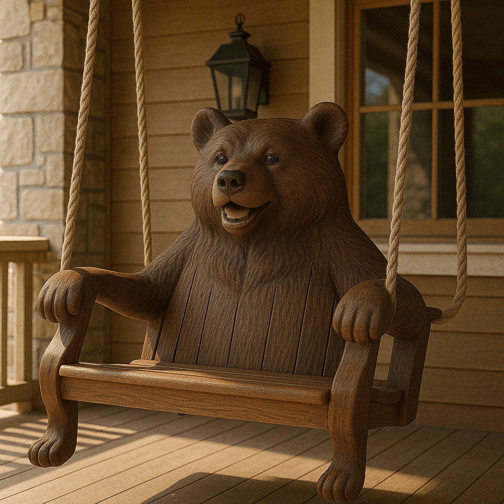 Rustic wooden porch swing chair carved in the shape of a friendly bear with detailed features.