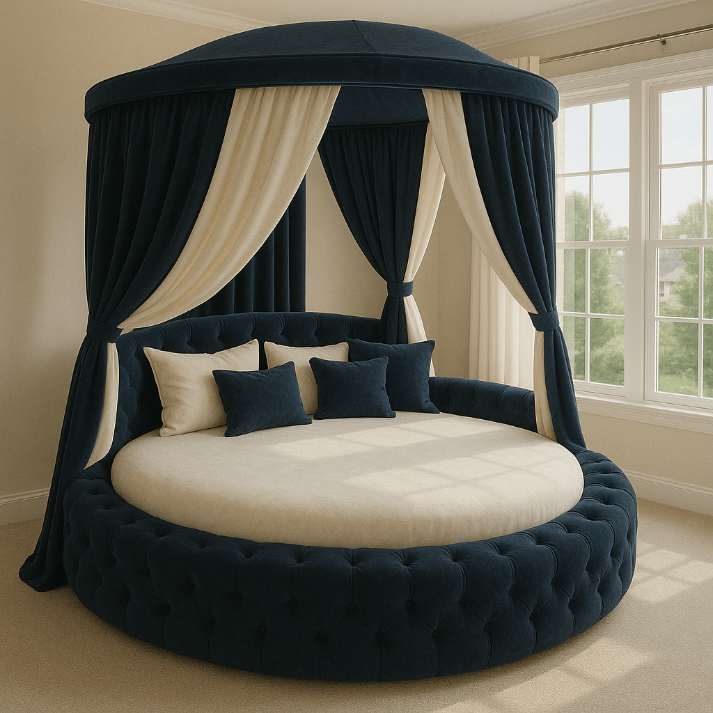 Dramatic navy round canopy bed with cream interior drapes in stylish bedroom.