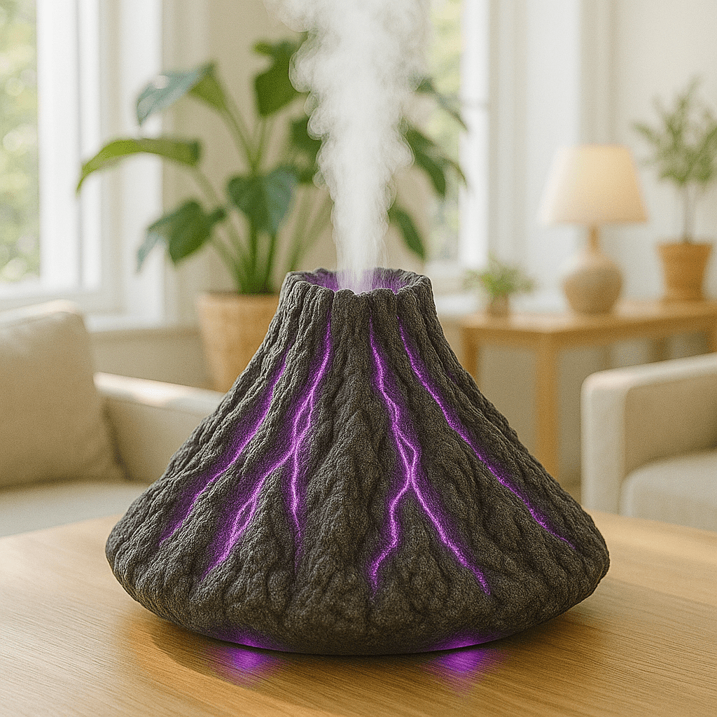 Volcano-shaped aroma diffuser emitting mist with glowing purple lava-style LED lights.