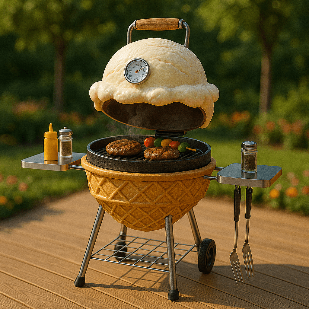 Whimsical BBQ grill shaped like an ice cream cone with burgers and vegetables cooking.