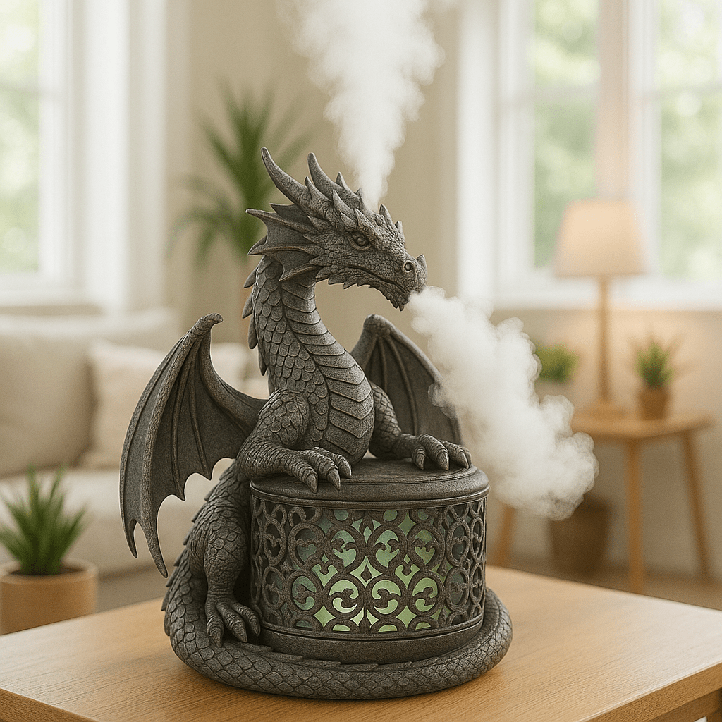 Stone grey dragon diffuser releasing mist with soft green lighting in a cosy room