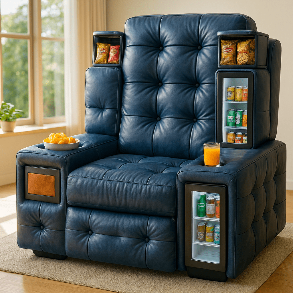 Luxurious blue leather armchair featuring a built-in mini fridge, snack shelves, and cup holder in a modern living room.