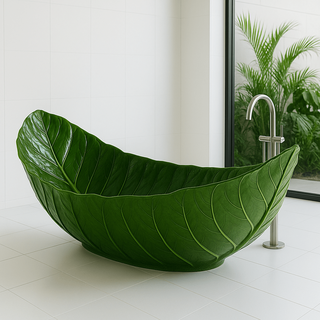 Luxury green leaf bathtub shaped like tropical foliage in a modern white tiled bathroom