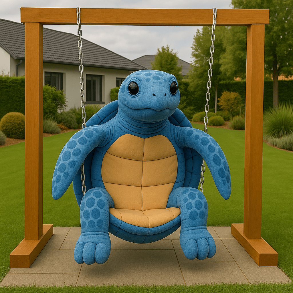 A bright blue turtle-shaped swing chair with soft cushioned seating, hanging from a wooden garden frame.