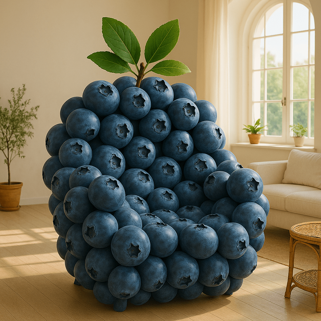 Oversized blueberry-shaped armchair with leafy top in a bright living room