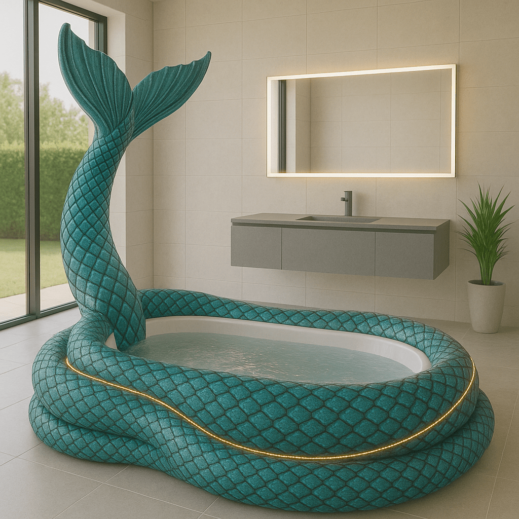 Teal mermaid tail-inspired bathtub with glowing LED strip in a neutral-toned bathroom