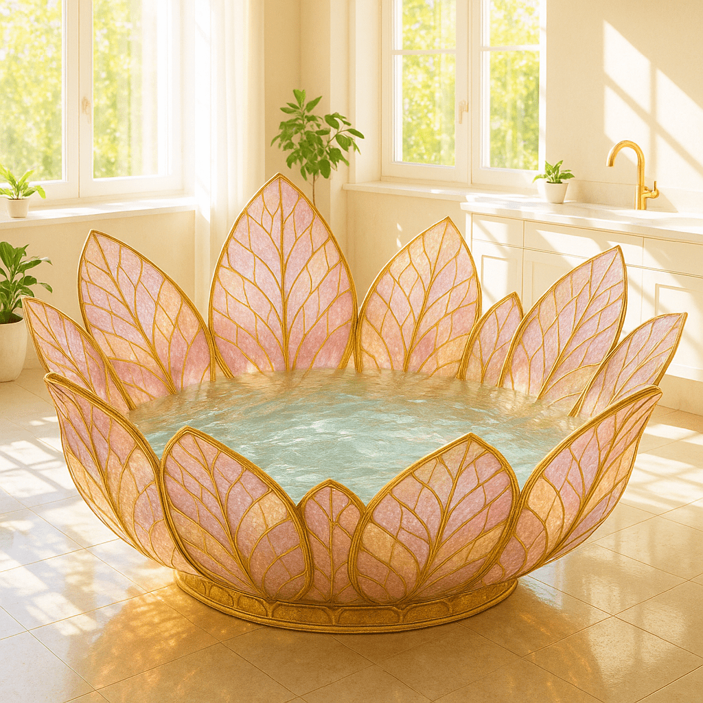 Elegant pink lotus flower bathtub with golden trim in a sunlit bathroom.