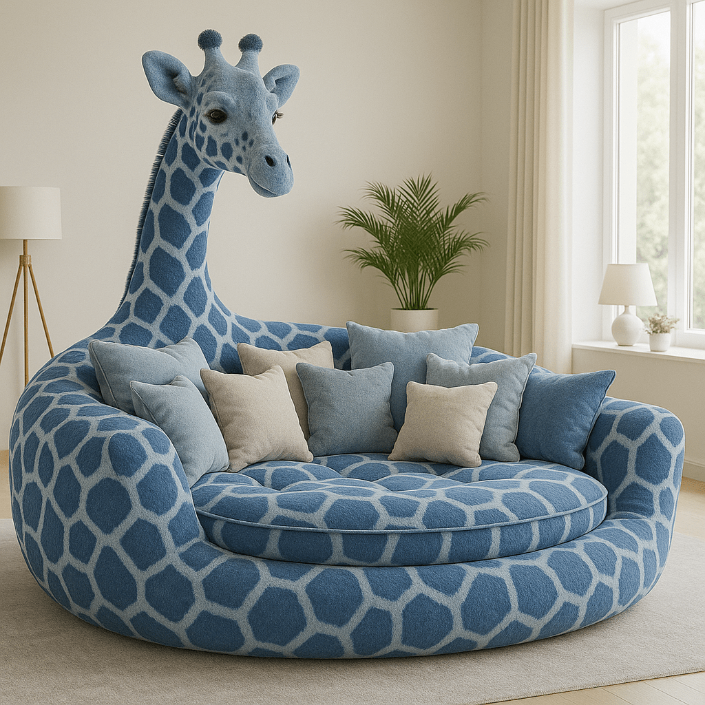 Whimsical blue giraffe sofa with patterned upholstery and scatter cushions in a modern living room.