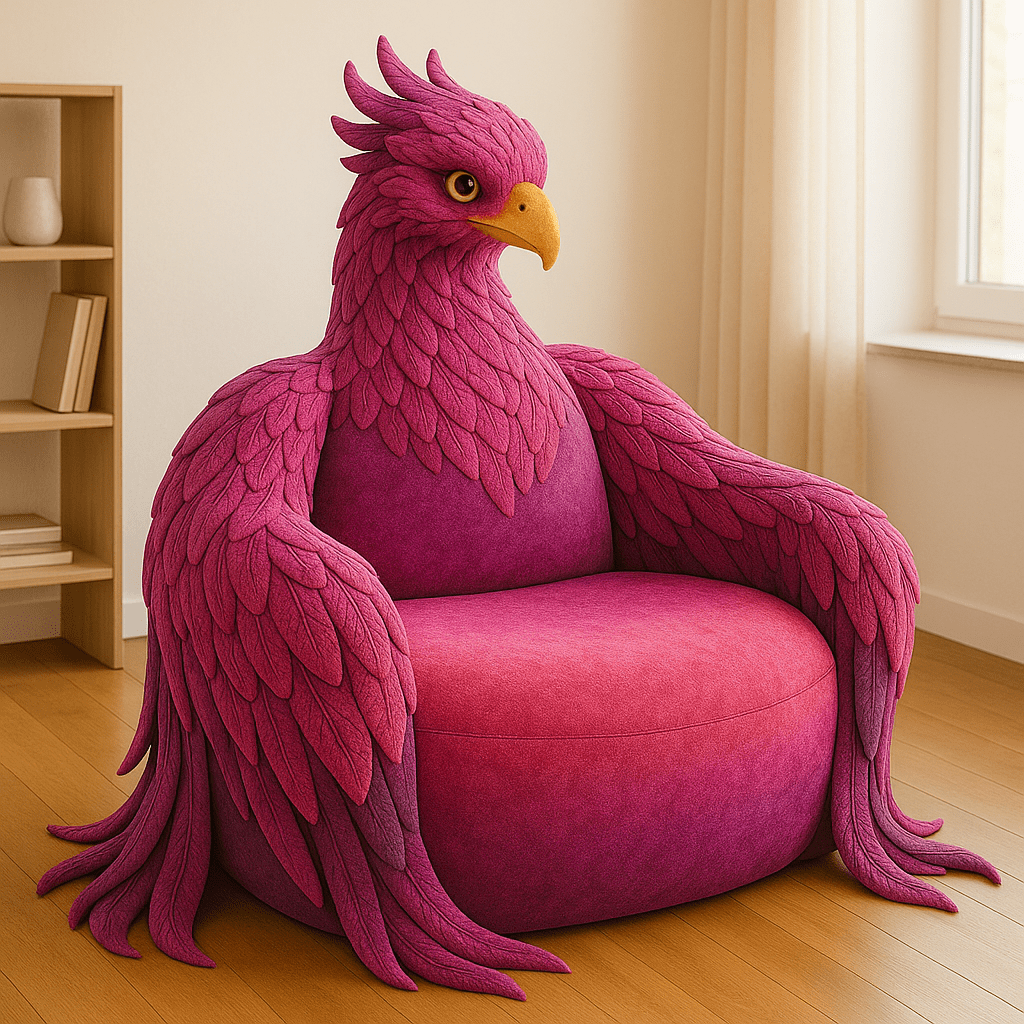 Oversized magenta phoenix armchair with detailed feather design in a bright, modern interior.