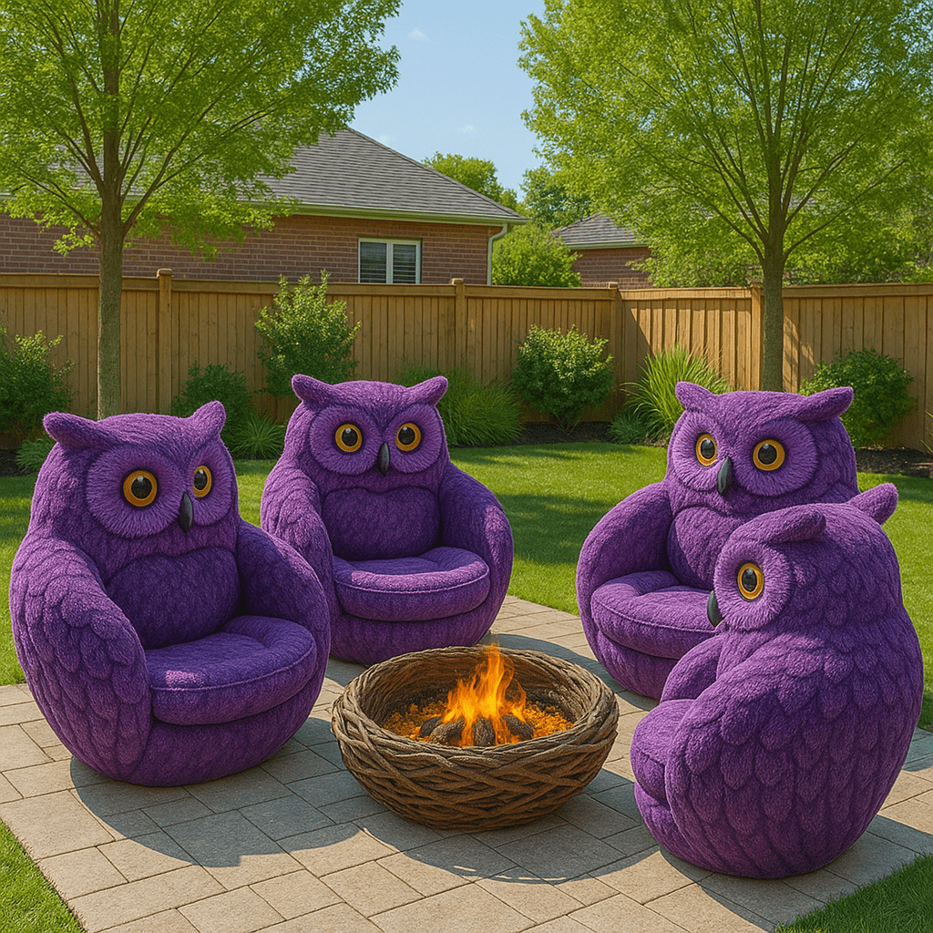 Four oversized purple owl-shaped garden chairs arranged in a circle around a woven firepit