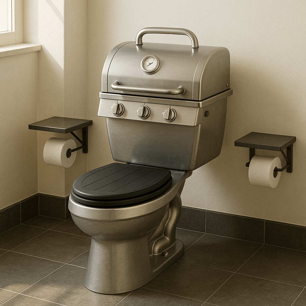 Stainless steel-inspired toilet designed as a BBQ grill in a neutral bathroom