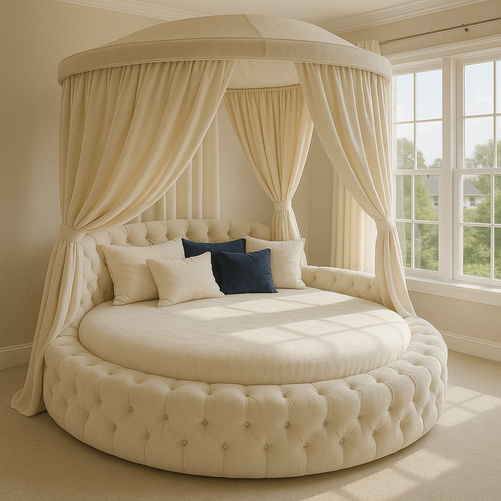 Luxury cream round canopy bed with tufted upholstery and cream drapes in modern bedroom.