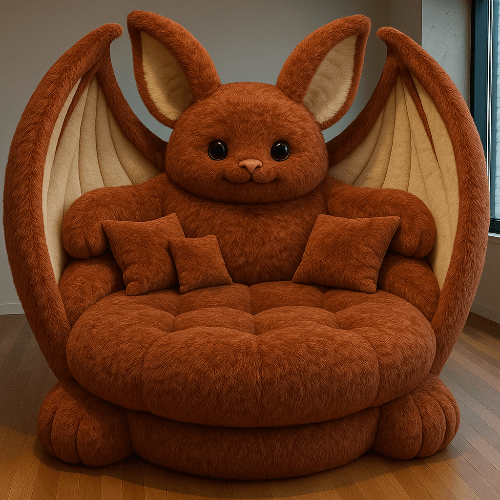 Oversized bat-shaped armchair in orange with soft wings and matching cushions in a modern room