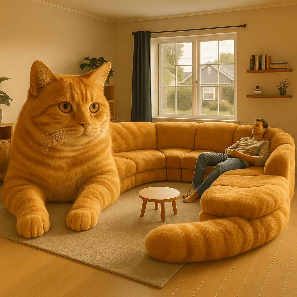 Giant ginger tabby cat-shaped sectional sofa with realistic fur texture in a bright living room.