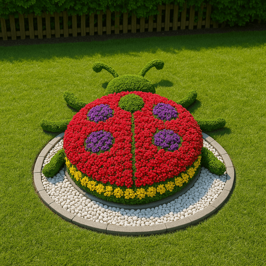 Garden bed shaped like a ladybird, featuring red flowers with purple spots and a yellow flower border