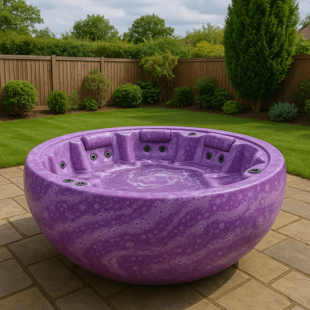 A vibrant purple galaxy swirl round hot tub on a stone patio with garden in background