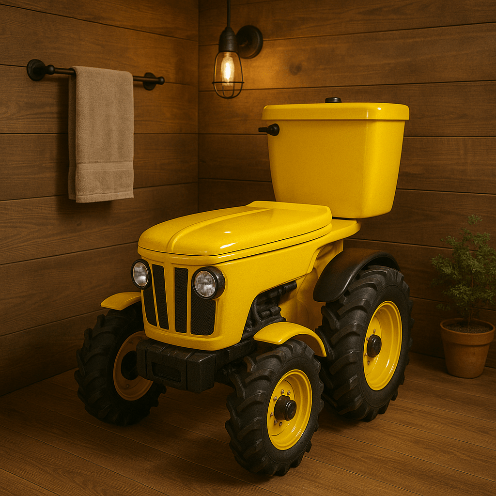 Bright yellow tractor-style toilet with large black tyres and classic headlights in a rustic bathroom setting