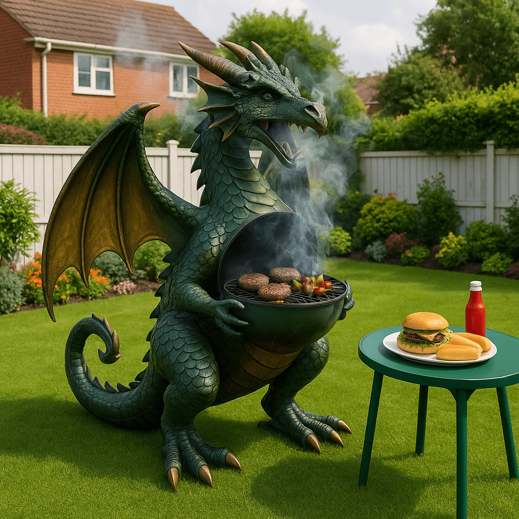 A green dragon-shaped barbecue grill with food cooking inside, set in a sunny garden