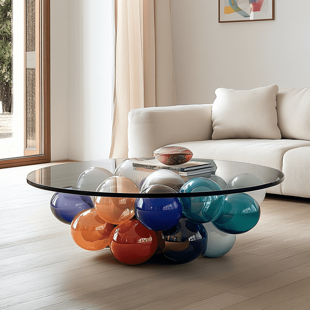 Round glass coffee table supported by vibrant glass orbs in a light living room setting.