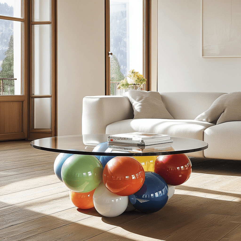 Round bubble coffee table with multicoloured orb base and a clear glass top.