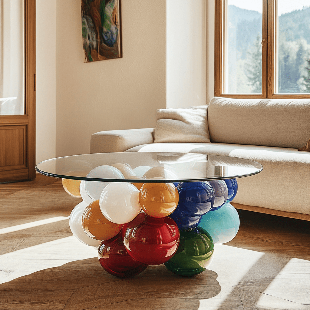 A round glass coffee table with bold red, blue, yellow, and green orbs as its base