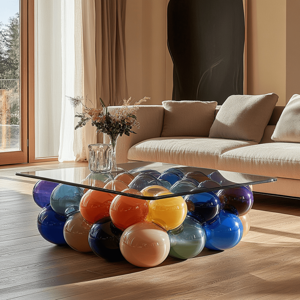 A modern square glass coffee table with a colourful bubble base made of glossy glass orbs.