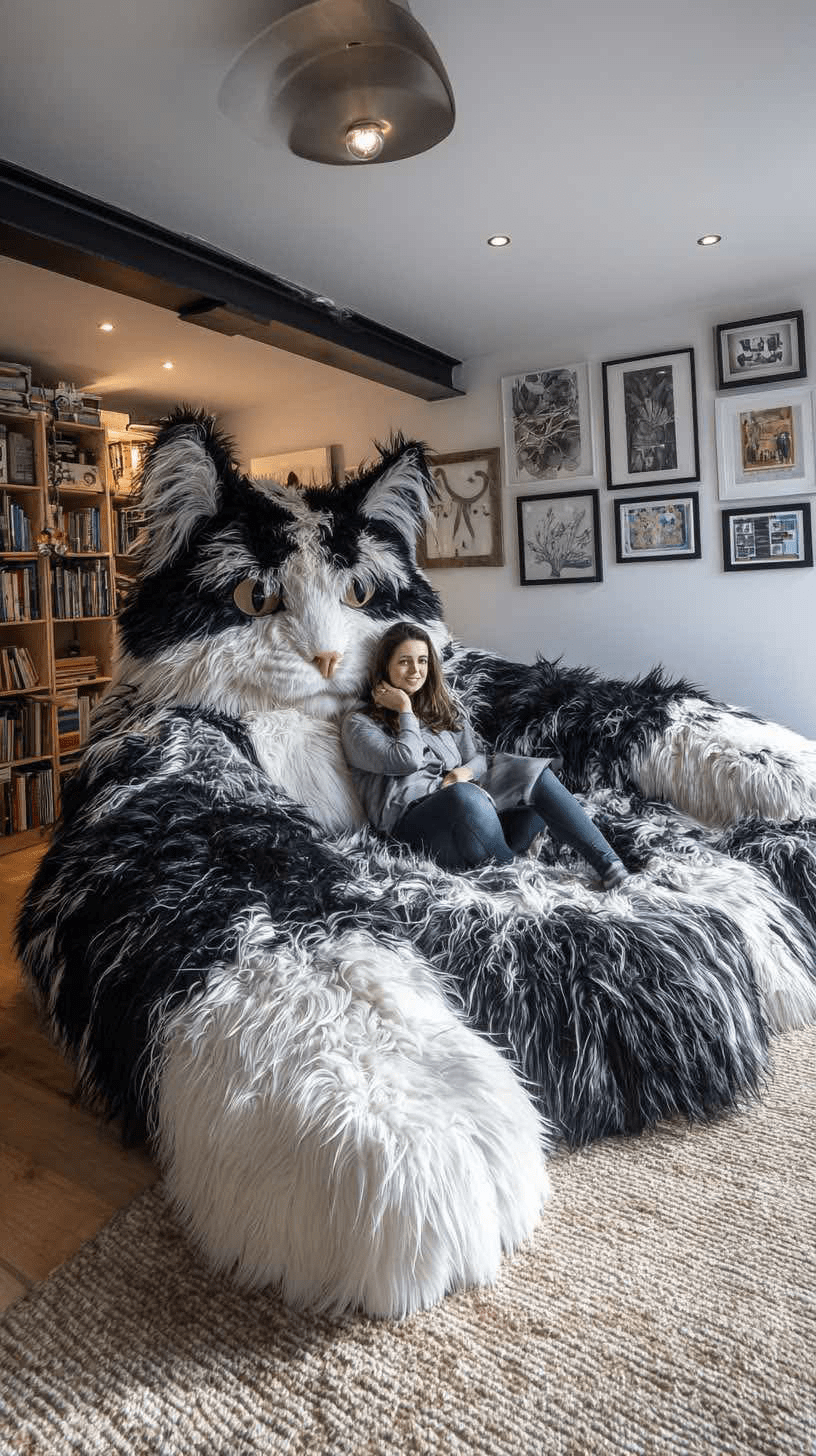 Giant black and white oversized cat armchair with a person relaxing.