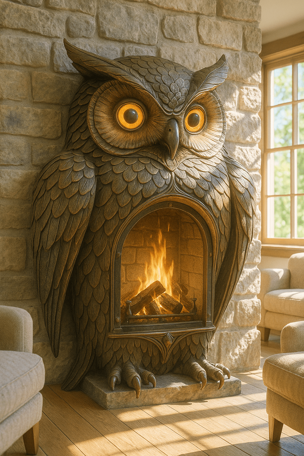 Rustic owl fireplace crafted from carved wood with intricate detailing and glowing eyes in a stone wall setting
