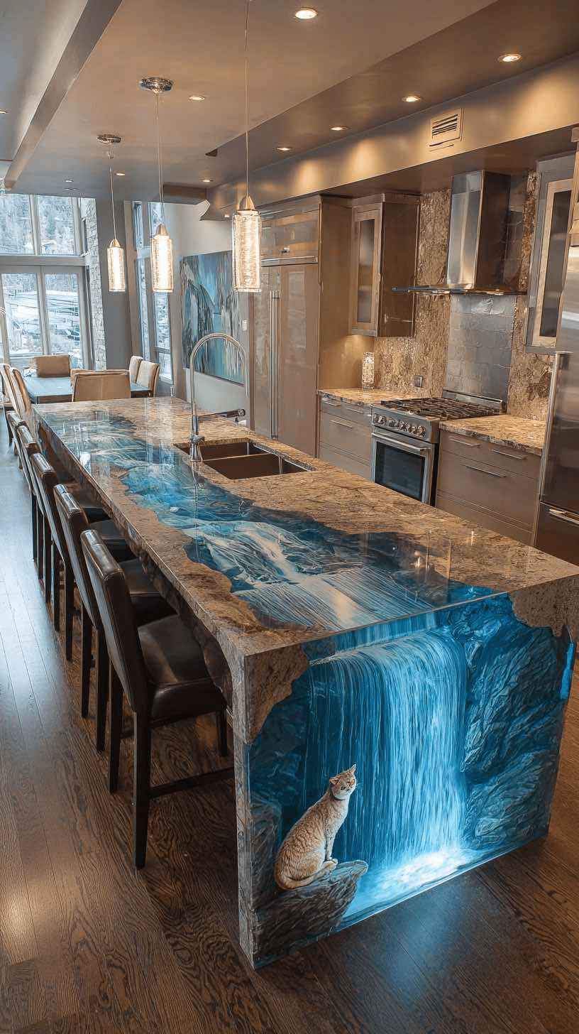 Kitchen island with glowing blue waterfall design and ginger cat illustration.