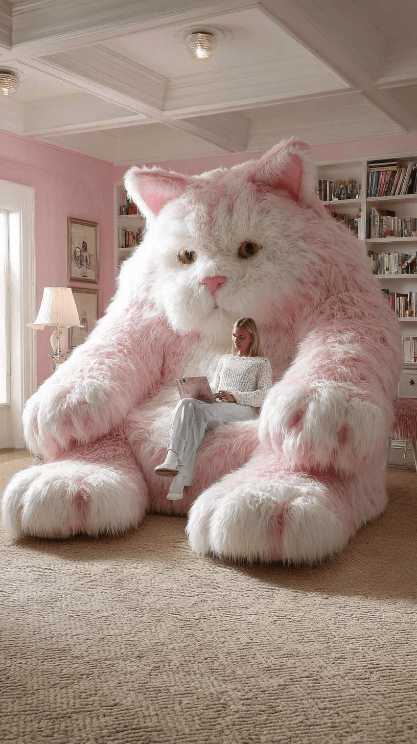 Giant pink and white oversized cat armchair with a person using a laptop.