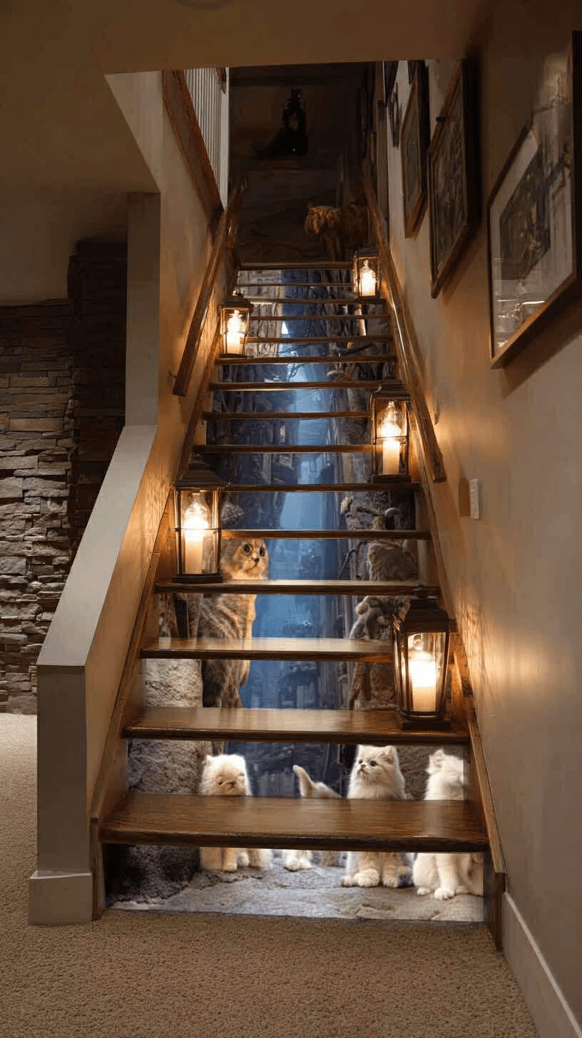 Wooden staircase with glowing cat imagery and lantern decorations