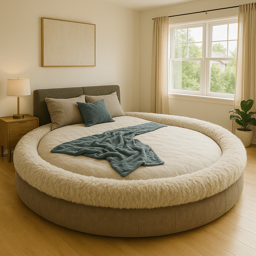 Neutral round fur-trimmed bed with teal accent pillows and throw in a cosy bedroom.