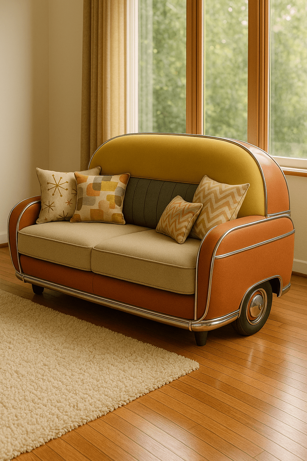 Retro sofa inspired by classic cars with mustard yellow, olive green, and burnt orange upholstery.