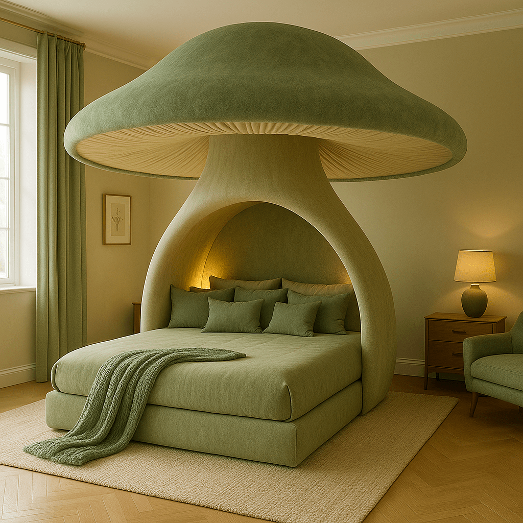 Refreshing green mushroom bed with organic canopy design in a cosy bedroom setting.