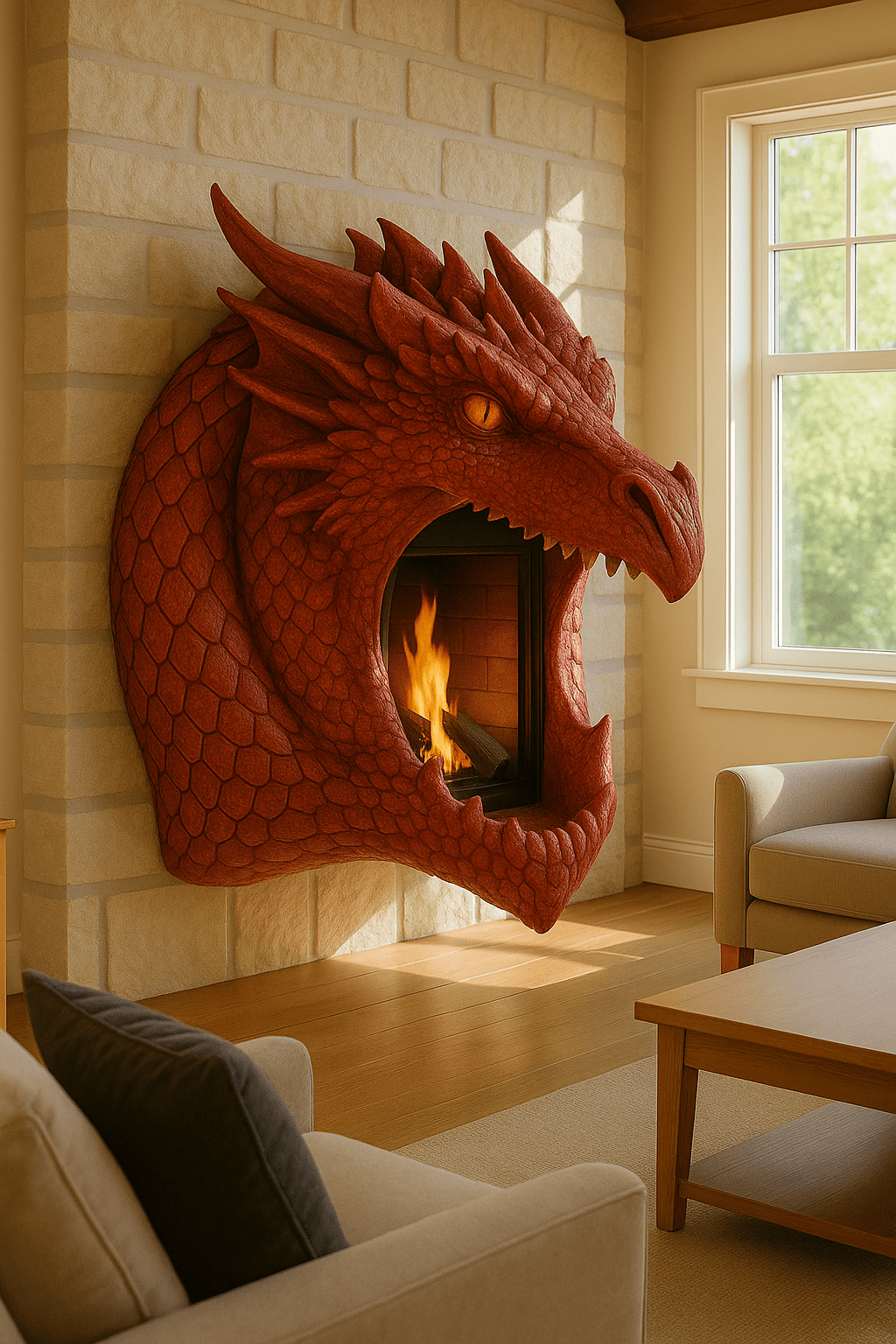 Red dragon fireplace with dramatic scales and fire glowing within its jaws