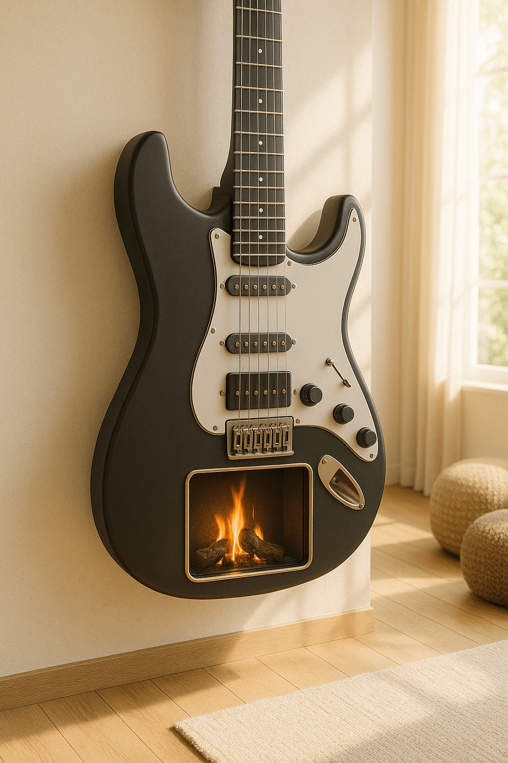 Black electric guitar-shaped fireplace with live flames built into the guitar body.