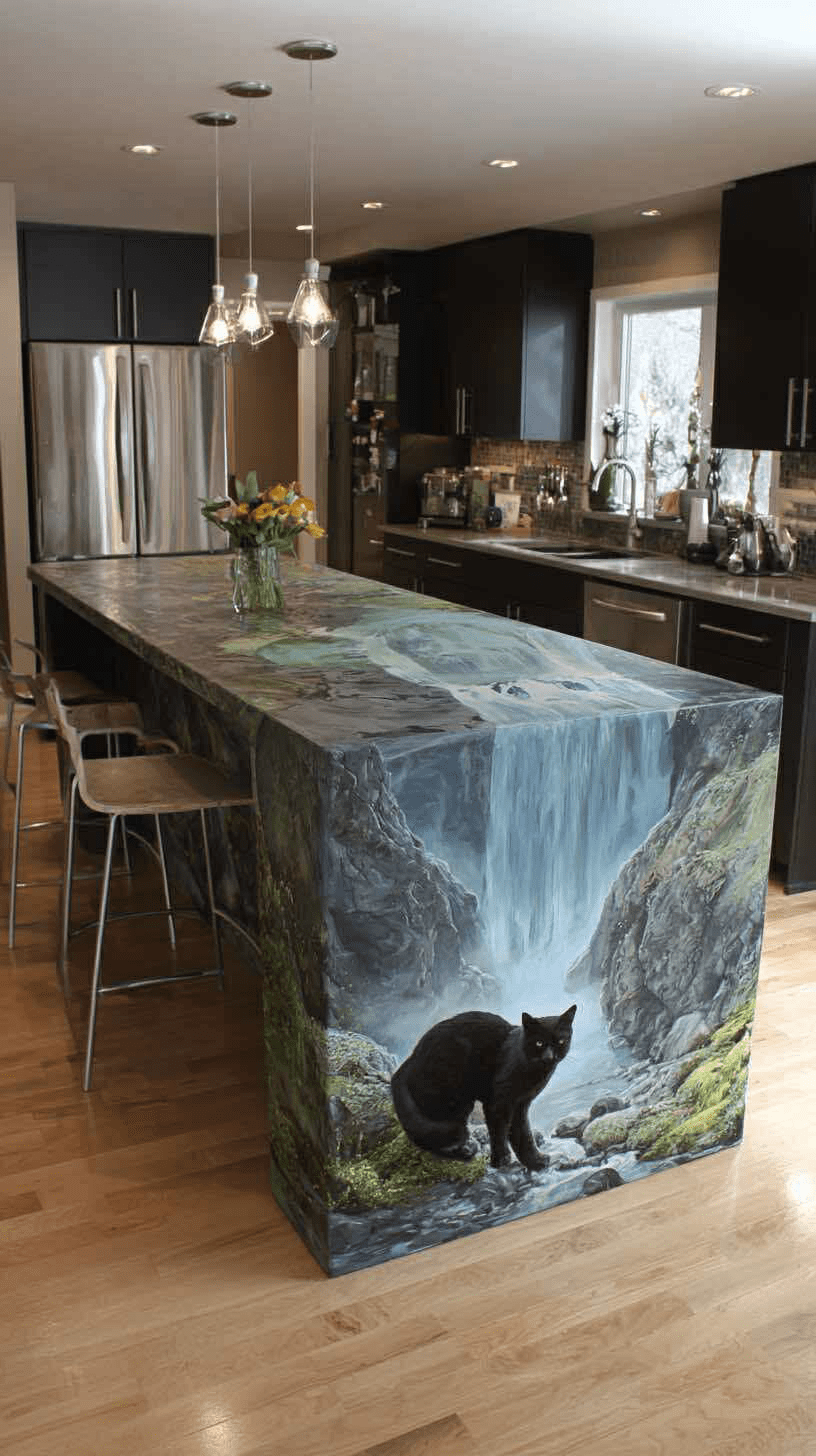 Kitchen island with dark waterfall design and black cat at the base.