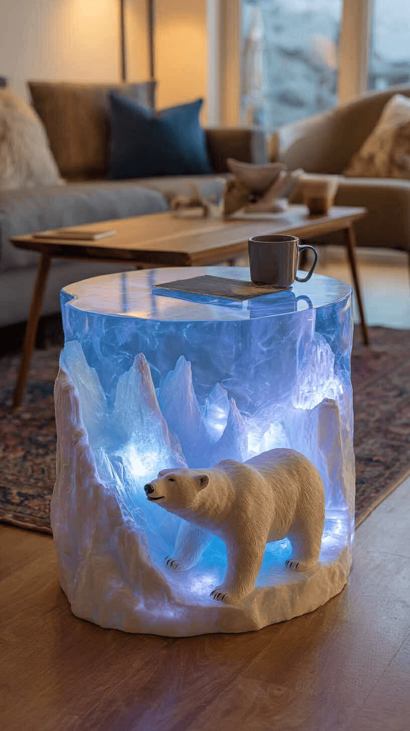 Round coffee table with illuminated snowy mountains and a sculpted polar bear