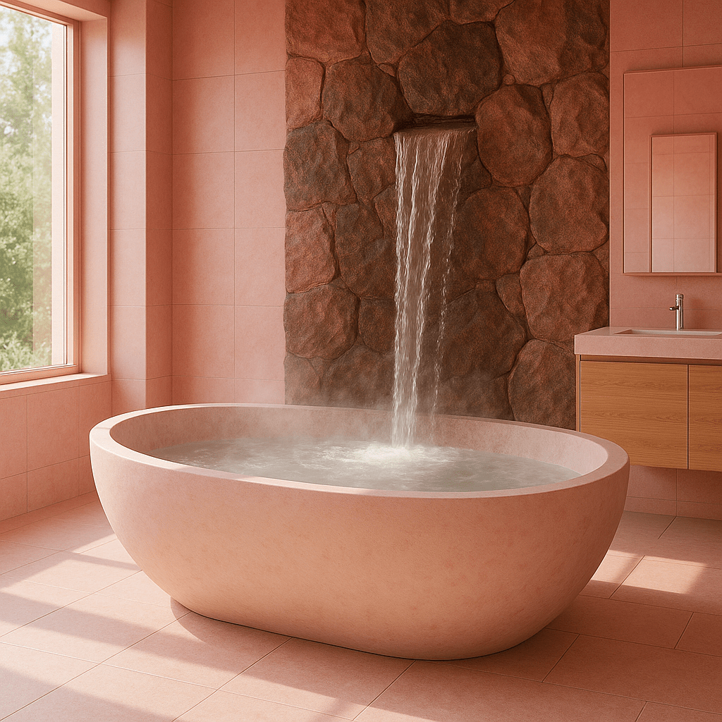 Pink waterfall bathtub with rose-toned tiles and stone wall feature