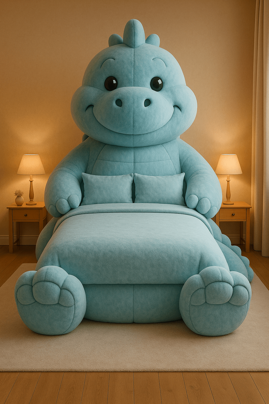 Blue dinosaur-inspired novelty bed with oversized plush design in a softly lit bedroom.