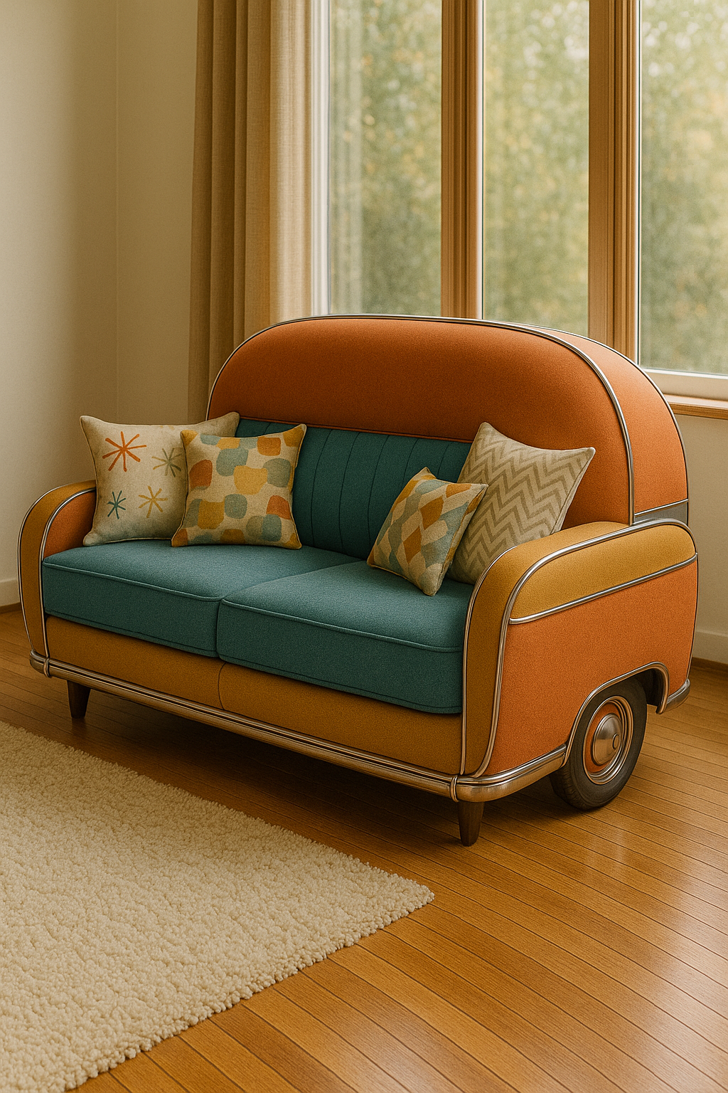 Vintage car-inspired sofa in burnt orange and deep teal upholstery, styled with patterned cushions.
