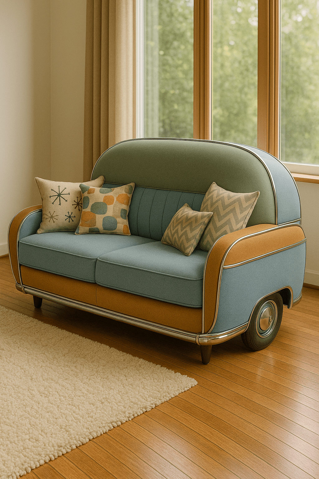 Retro car-themed sofa in teal blue and mustard yellow upholstery with retro patterned cushions.