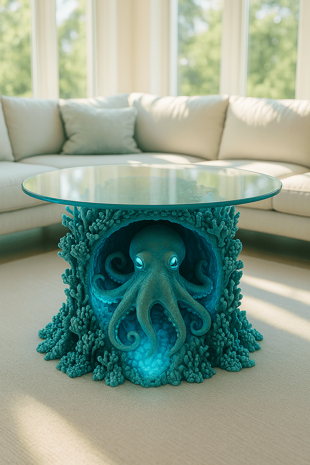 Glass top coffee table featuring sculpted octopus in glowing coral reef base
