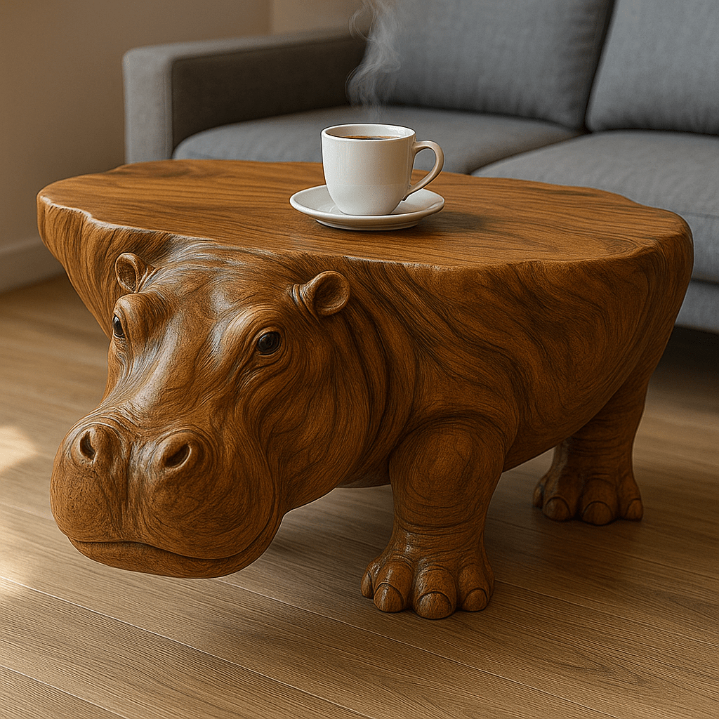 Wooden hippo coffee table with smooth surface and a coffee cup on display.