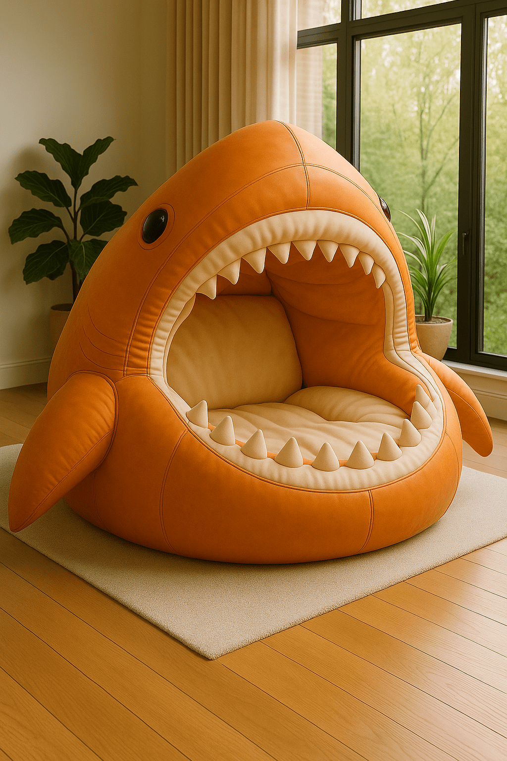 Bright orange shark armchair with novelty teeth design, placed in a modern living space.