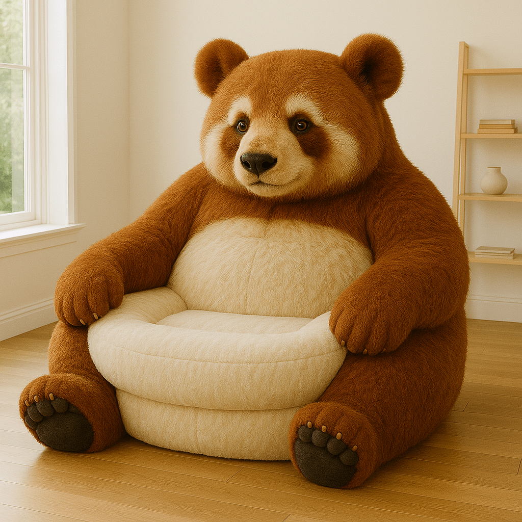 Oversized brown panda armchair with cream seat in a bright room.