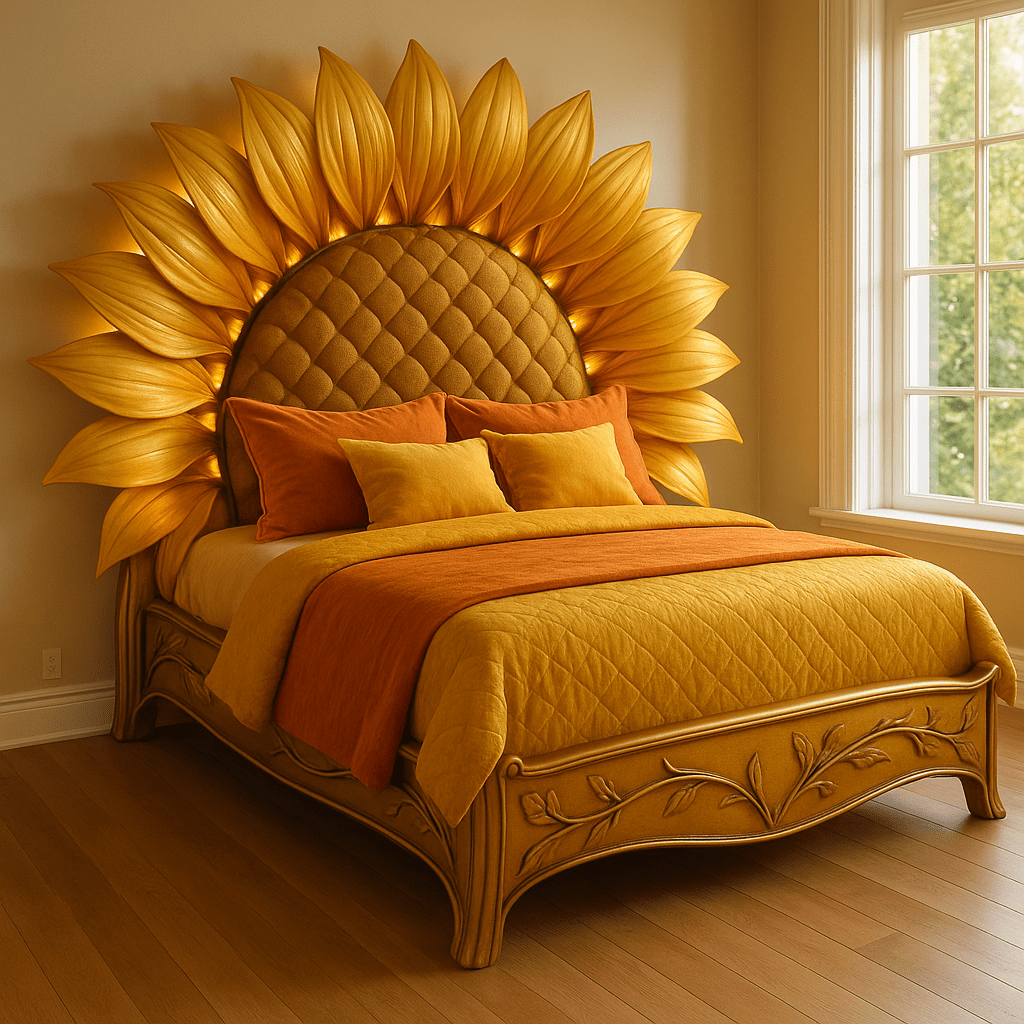 Luxurious sunflower-inspired bed with golden quilted headboard and sculpted petals