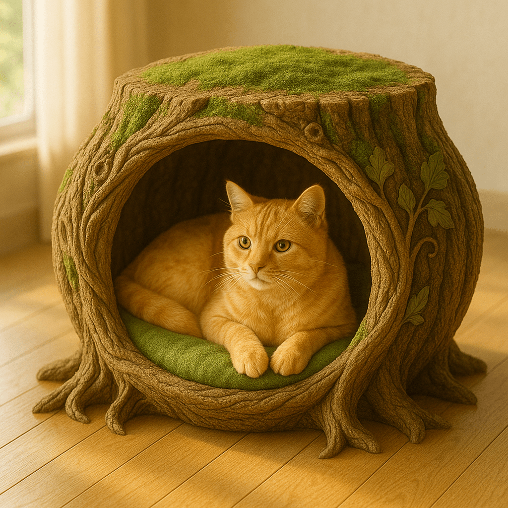 Orange cat sitting comfortably inside a round hollow tree trunk pet bed with green cushion