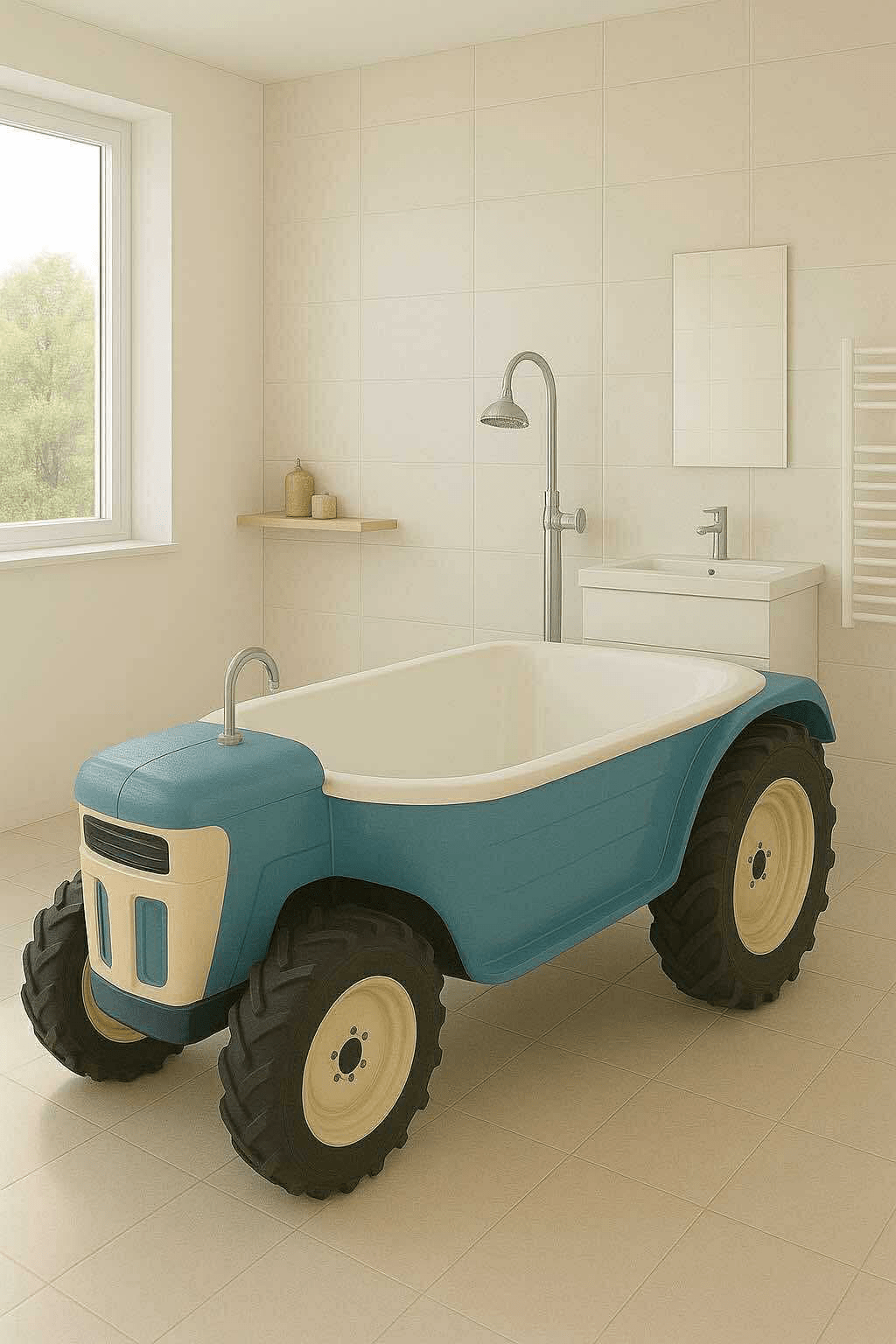 A playful blue tractor bathtub with cream accents set in a minimalist bathroom.